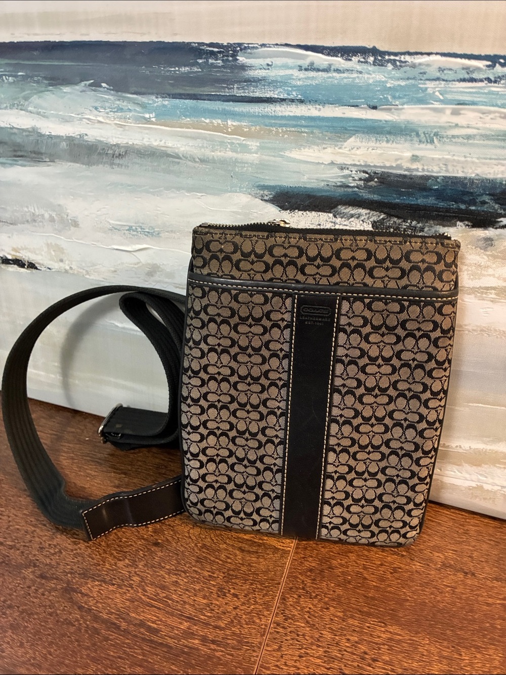 Coach Black Signature Monogram Messenger Bag with Dark Trim